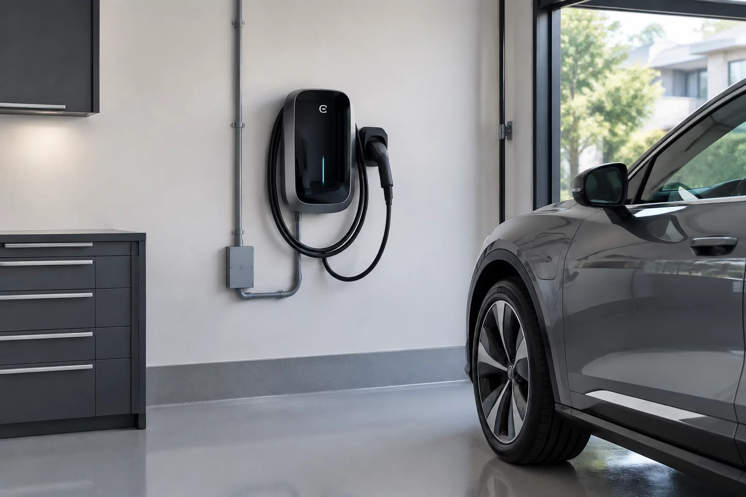 Modern home electric vehicle charging wallbox installed in private garage